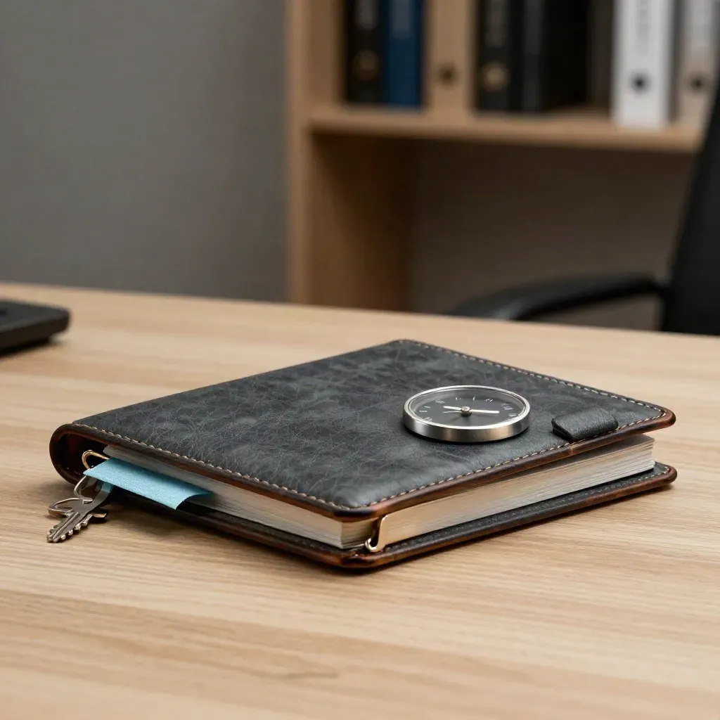 Charcoal leather folio, metal clicker and desk timer on pale wood in dramatic side light.