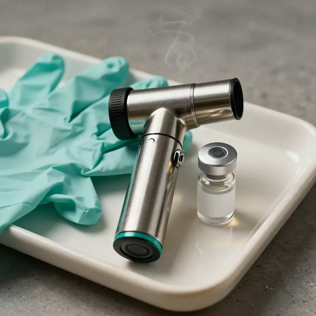 Top-down macro of an otoscope, teal glove, vial cap and ceramic tray on brushed stone.