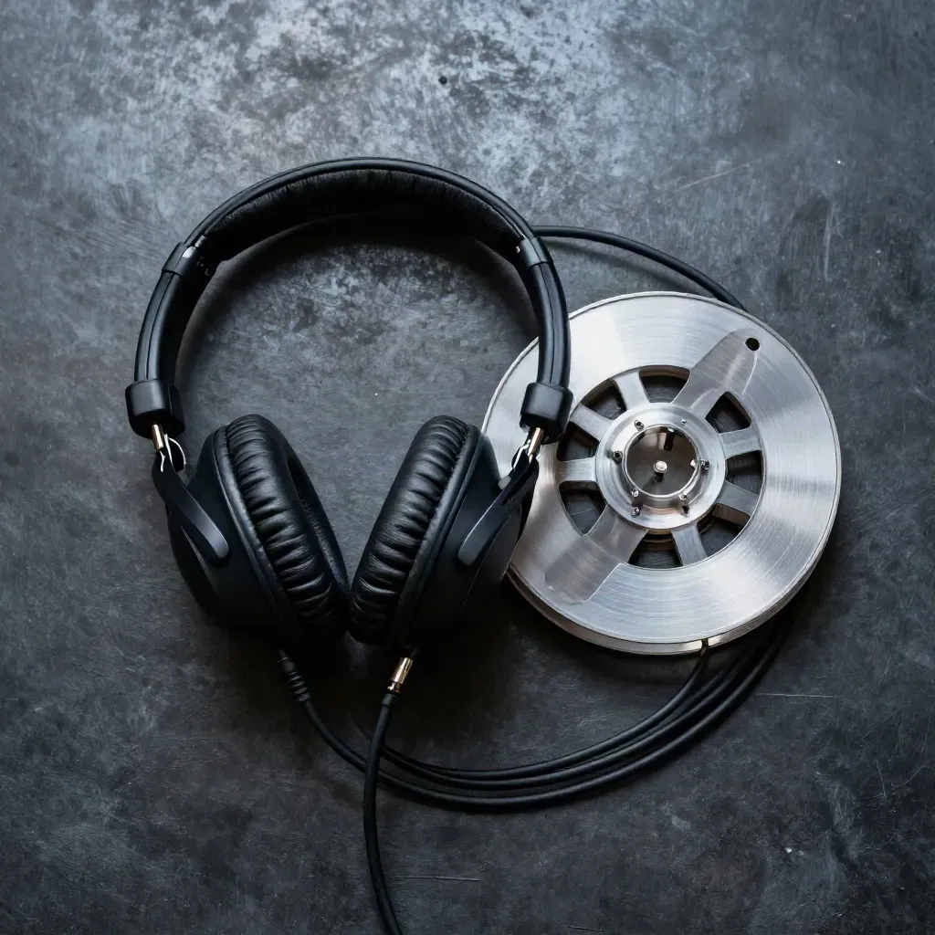 Top-down still life of headphones, a cable coil, and an aluminum tape reel on dark metal.