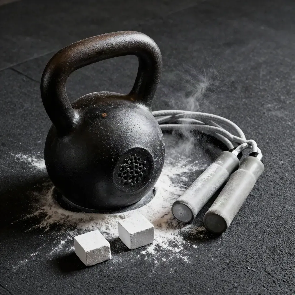 Kettlebell, chalk and jump rope on a rubber mat, lit dramatically from above.