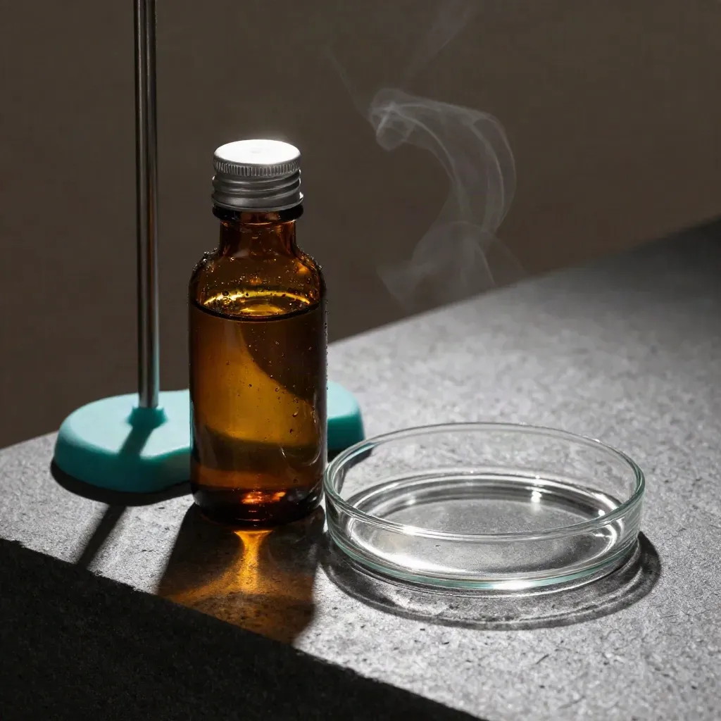 Amber reagent bottle, pipette stand and steel petri dish on cool stone with vapor