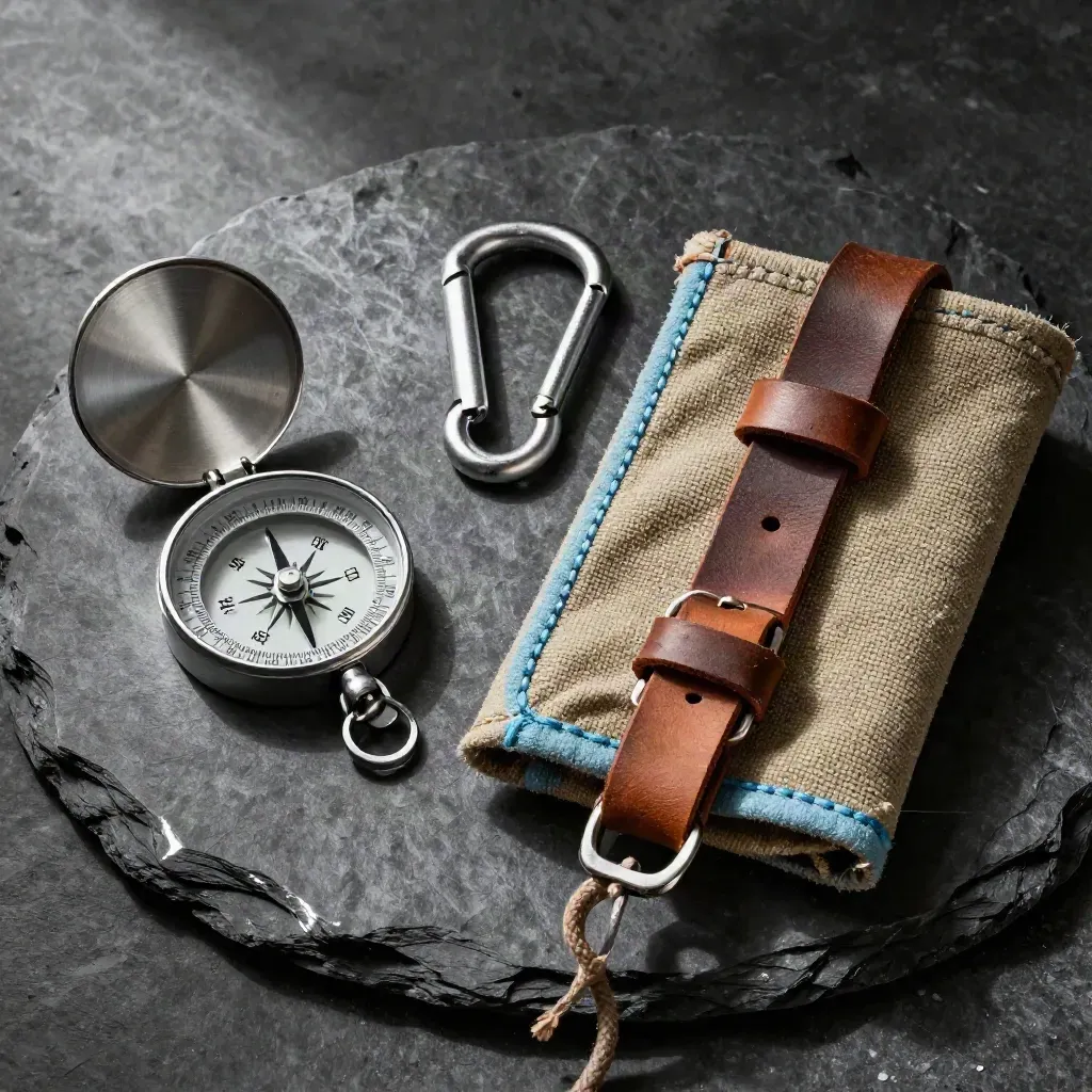 Compass, carabiner and canvas sleeve on slate, lit like a premium outdoor brand still life.