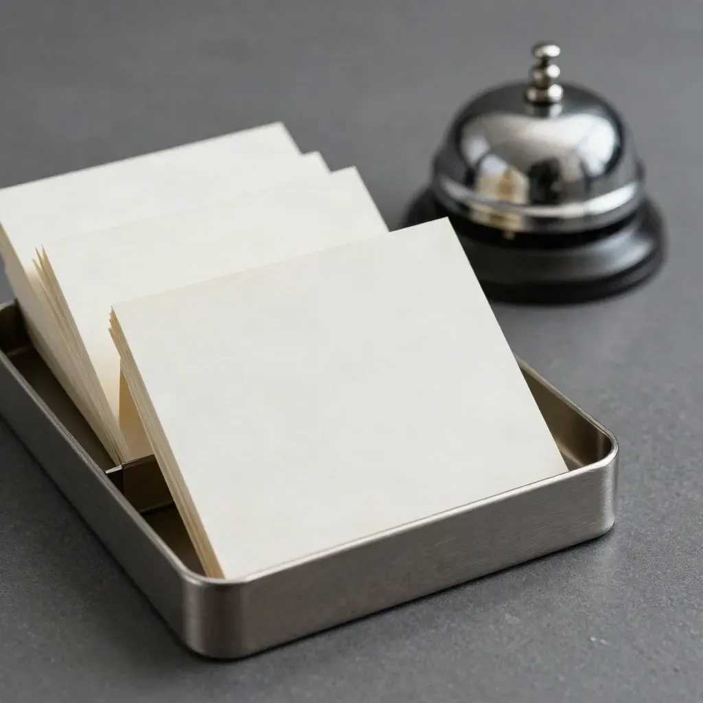 Top-down macro of blank reminder cards, queue tray and a small bell on matte graphite.