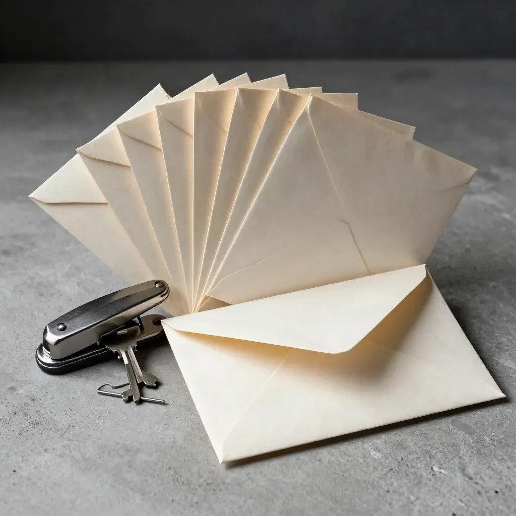 Cream envelopes, steel opener and filing clip on pale concrete, lit dramatically.