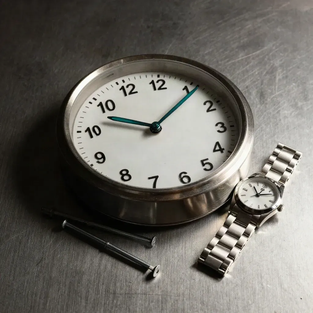 Steel desk clock, wristwatch and alignment pins on brushed metal with teal glints.
