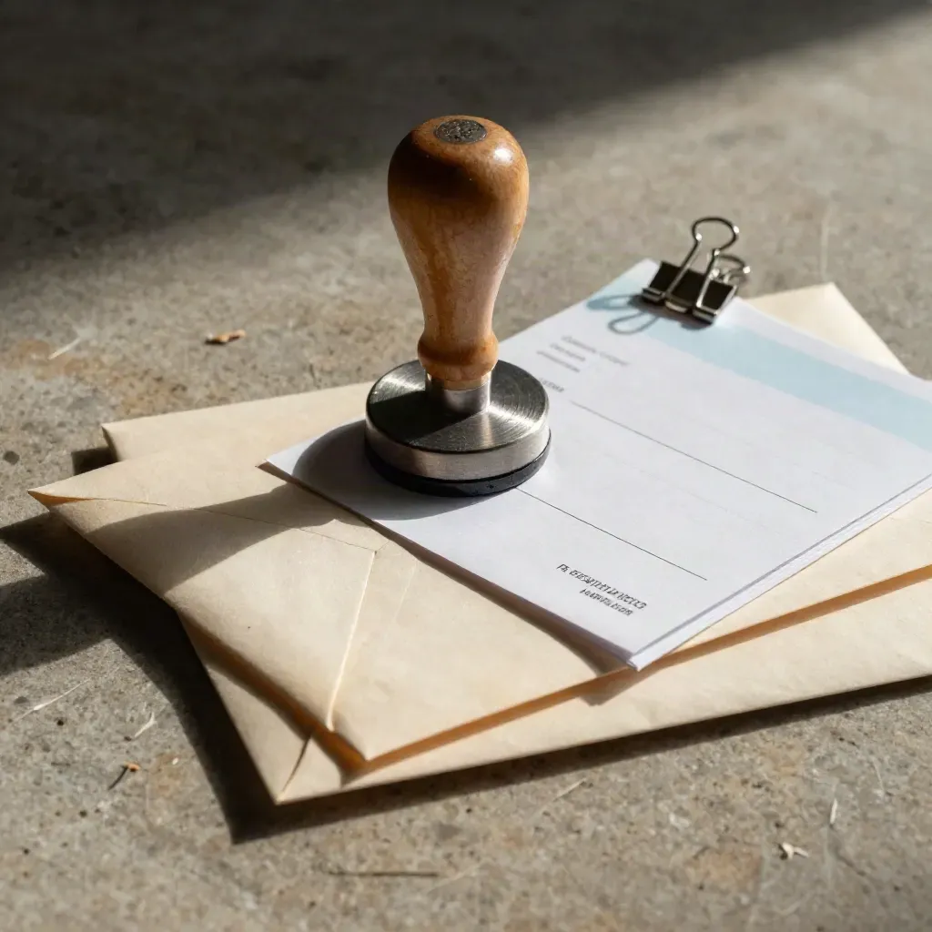 Stamp pressing a confirmation envelope beside a metal clip on warm stone, side-lit and crisp.