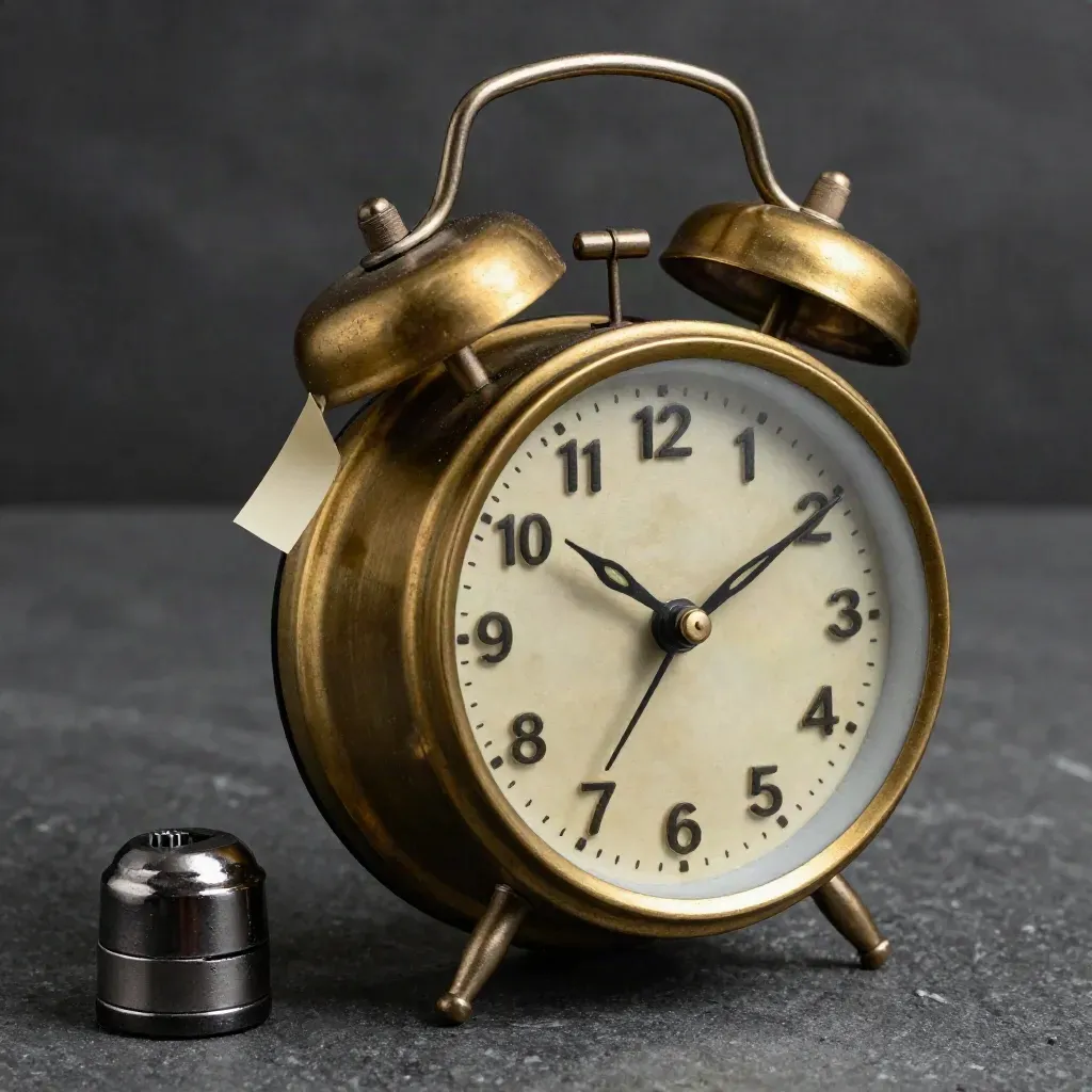 Brass alarm clock, memo flag, and metal buzzer on charcoal stone, lit dramatically.