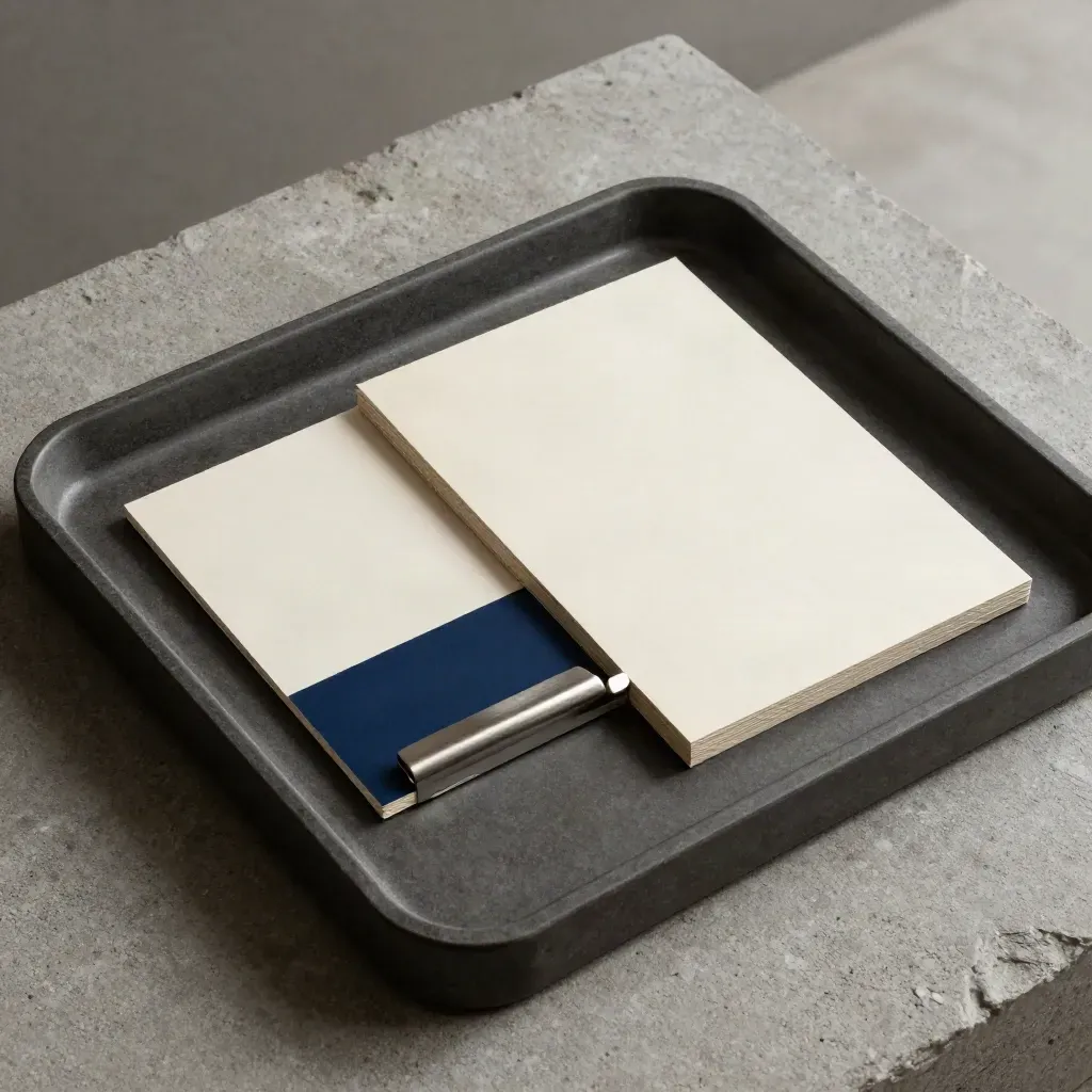 Metal appointment tray with offset cards and a sliding tab on stone, lit dramatically from upper left.