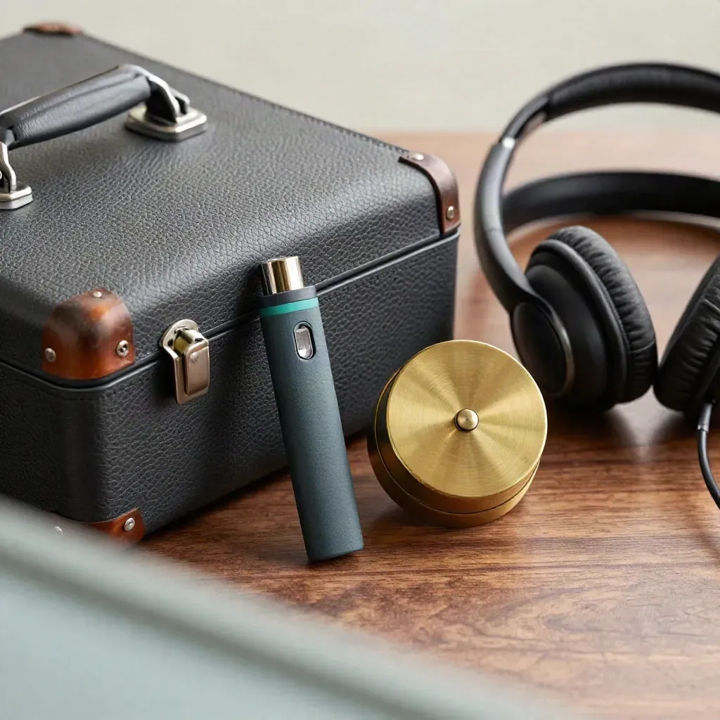 Graphite portfolio case, clicker, brass timer, and headset on walnut through frosted glass.