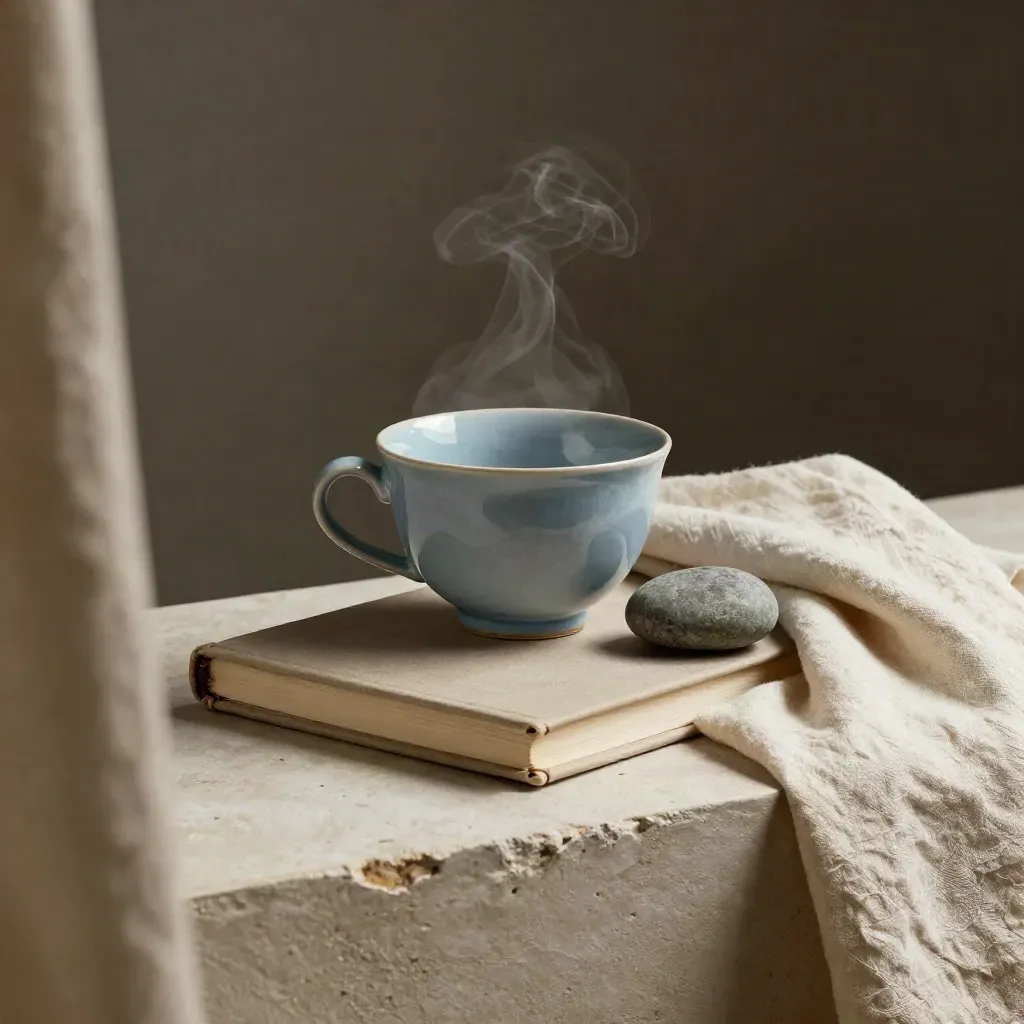 Tea cup steaming beside stone, closed journal and folded linen on plaster, seen through a curtain edge.