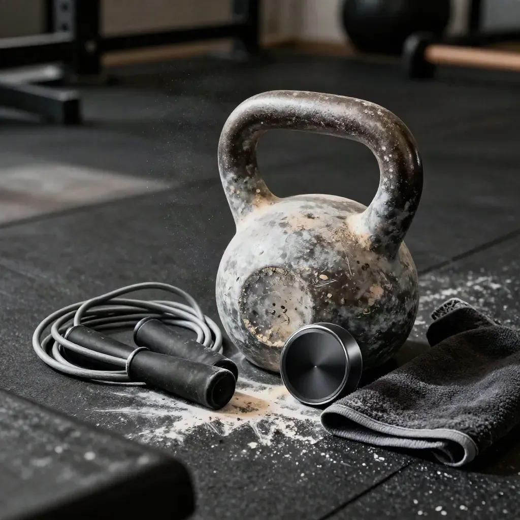 Chalked kettlebell, jump rope, timer, and towel on rubber flooring with chalk dust and bench-edge blur.