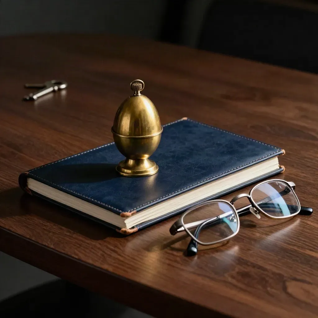 Brass egg timer, navy leather folio, and reading glasses on a dark conference table in dramatic light.
