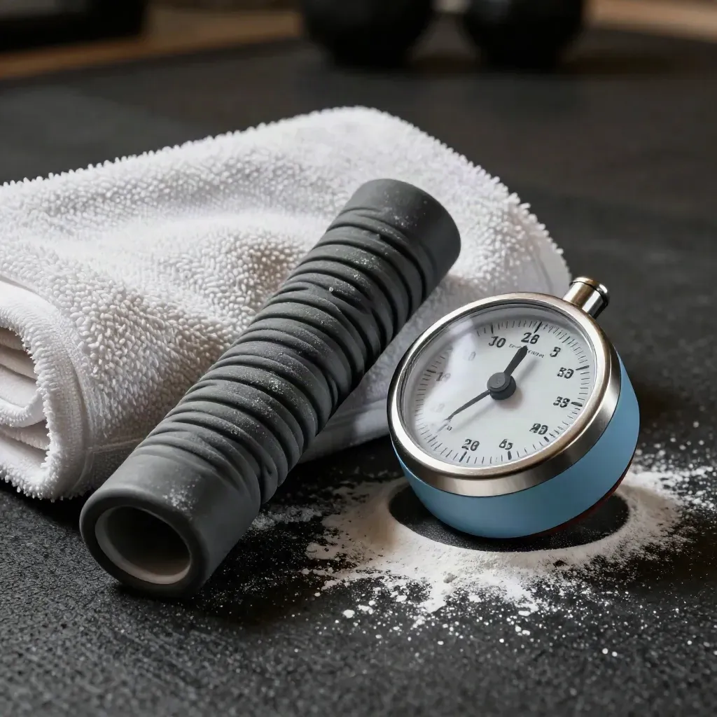 Macro still life of a chalked towel, resistance band, and timer on a rubber mat