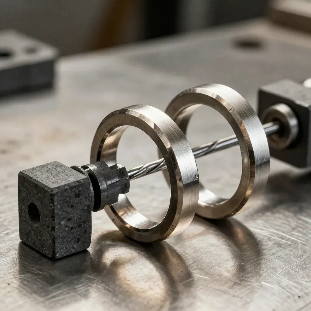 Linked steel rings, cable connector and graphite blocks on brushed metal, macro still life