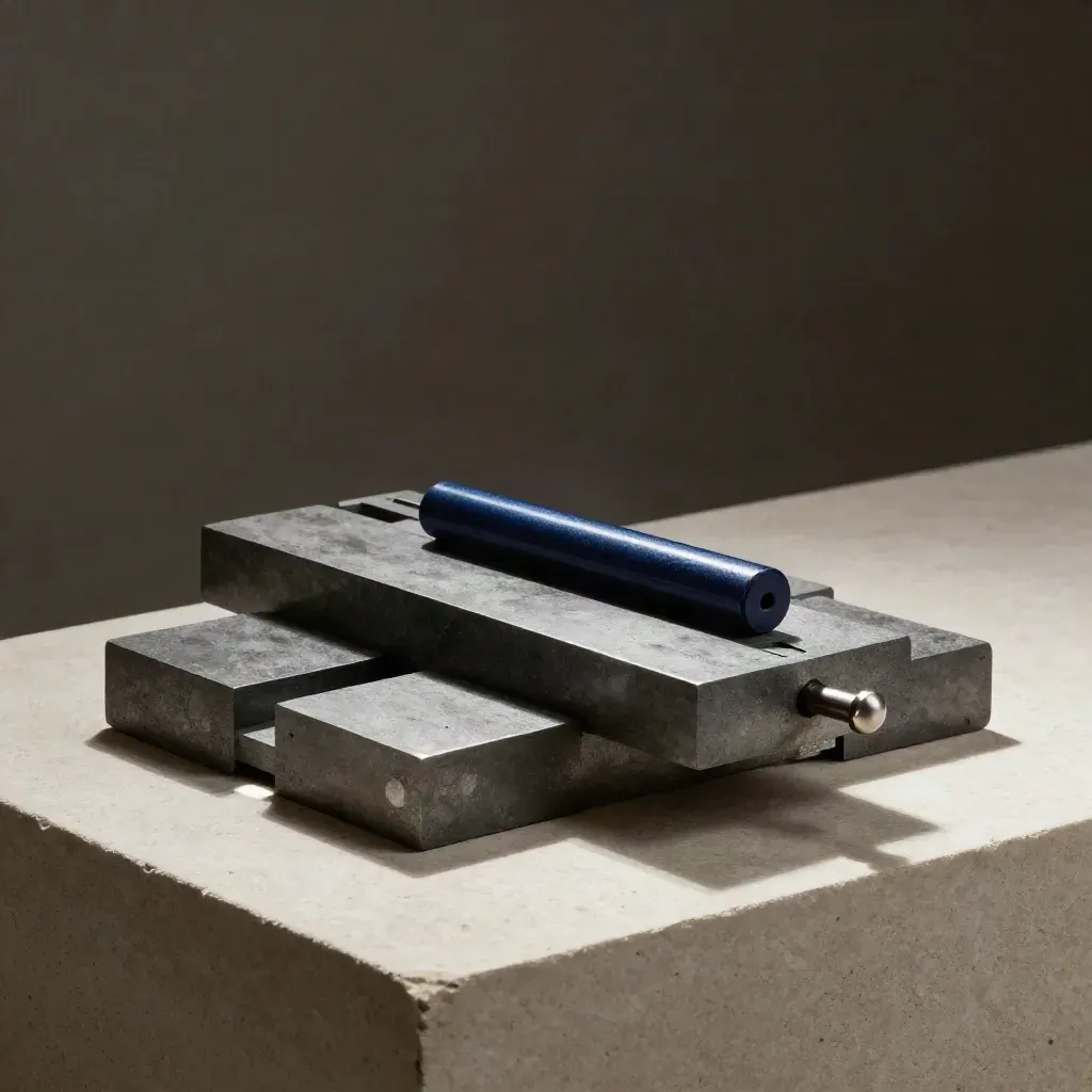 Graphite modular connectors and a grooved bridge plate on pale stone under dramatic studio light.