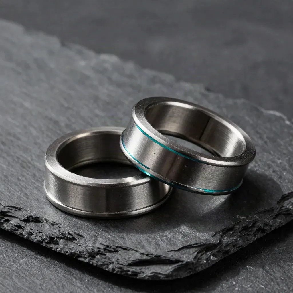 Metal coupling collars and spacer on dark slate, lit dramatically with a teal accent