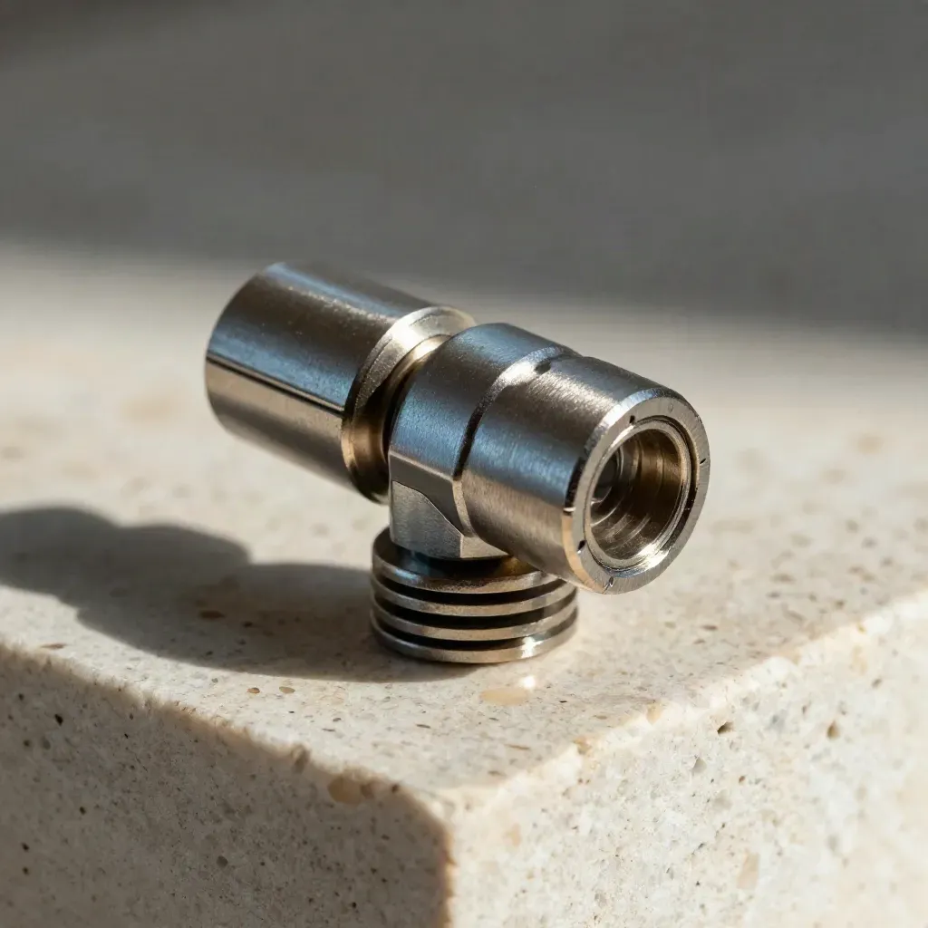 Extreme macro of graphite connectors and modular rails on pale stone, lit by soft daylight.